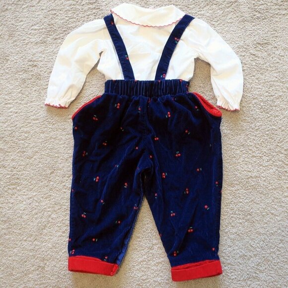 Vintage 80s Overalls Jumpsuit Girls Romper & Shirt Navy Corduroy Cherries 24M - Picture 4 of 8